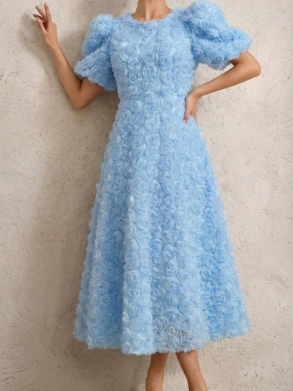 Blue Elegant Women's French Rose 3D V-Neck Petal Sleeve Cinched Waist Dress - Picture 6 of 6